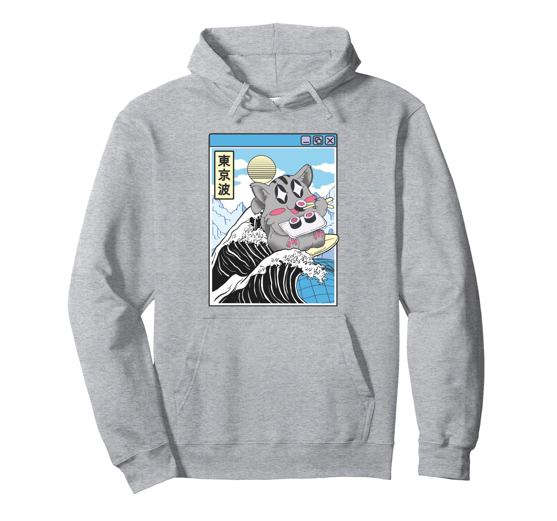 Cat Eating Sushi Surfing Kanagawa Hoodie - Casual Everyday Wear Men Women - T-Shirt, Sweatshirt, Hoodie