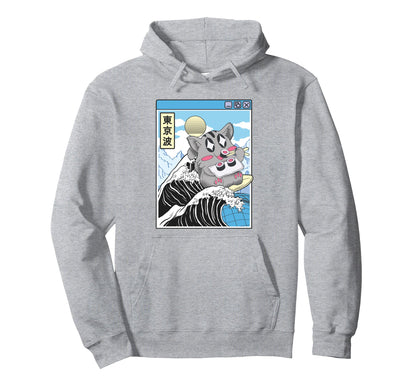 Cat Eating Sushi Surfing Kanagawa Hoodie - Casual Everyday Wear Men Women - T-Shirt, Sweatshirt, Hoodie