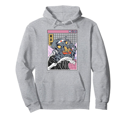 Kraken Eating Ramen Kanagawa Wave Octopus Hoodie - Minimalist Print Unisex - T-Shirt, Sweatshirt, Hoodie
