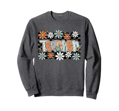 Teacher Groovy Daisy Floral Back Sweatshirt - Minimalist Print Men Women - T-Shirt, Sweatshirt, Hoodie