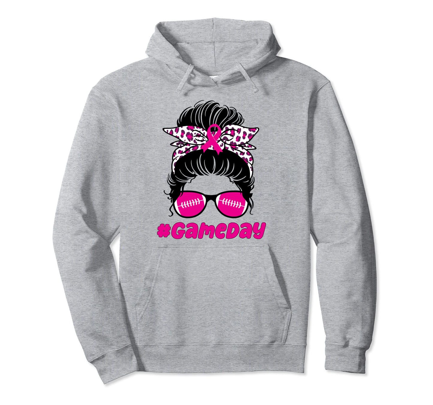 Game Day Breast Cancer Football Messy Bun Hoodie - Novelty Apparel Unisex - T-Shirt, Sweatshirt, Hoodie
