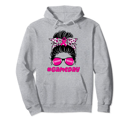Game Day Breast Cancer Football Messy Bun Hoodie - Novelty Apparel Unisex - T-Shirt, Sweatshirt, Hoodie