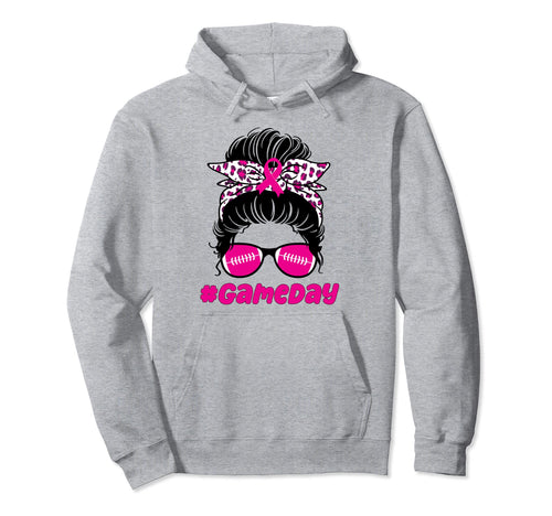 Game Day Breast Cancer Football Messy Bun Hoodie - Novelty Apparel Unisex - T-Shirt, Sweatshirt, Hoodie