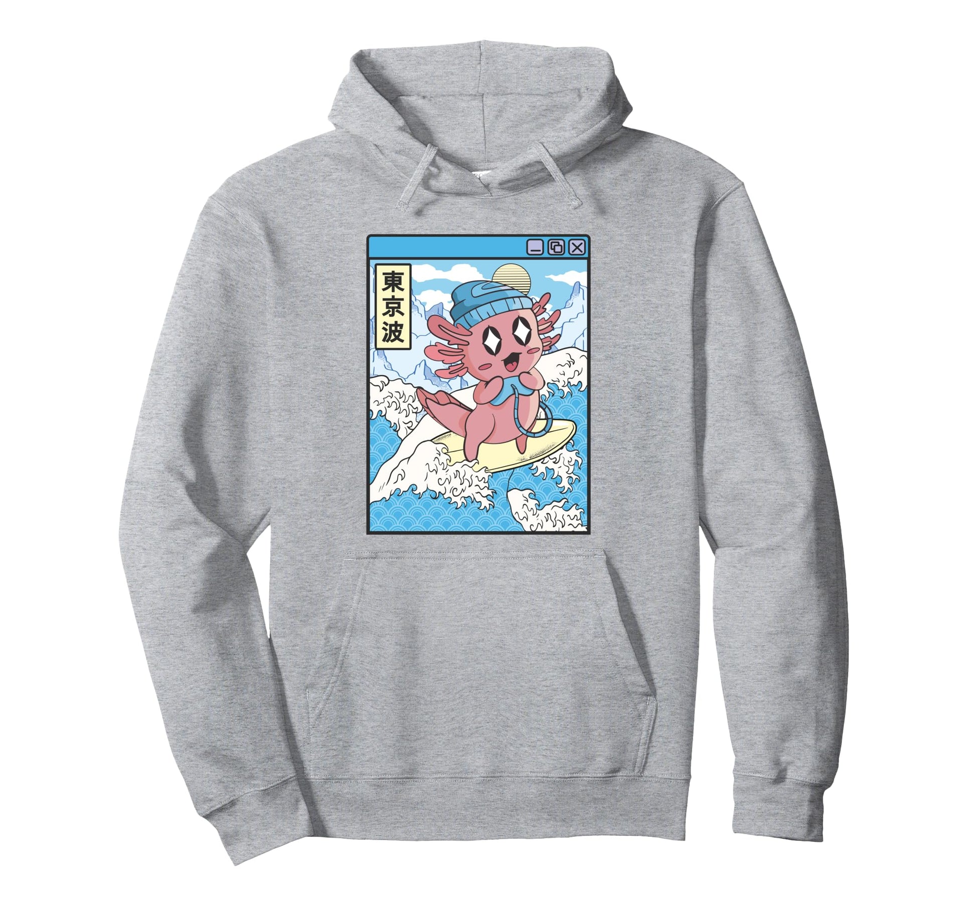 Gaming Axolotl Surfing Japanese Wave Hoodie - Aesthetic Graphic for Adults - T-Shirt, Sweatshirt, Hoodie