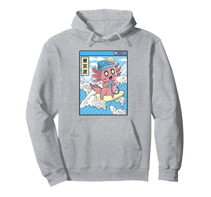 Gaming Axolotl Surfing Japanese Wave Hoodie - Aesthetic Graphic for Adults - T-Shirt, Sweatshirt, Hoodie