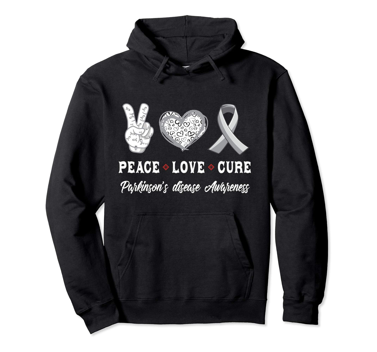 Peace Love Cure Parkinsons Disease Awareness Hoodie - Unique Graphic Unisex - T-Shirt, Sweatshirt, Hoodie