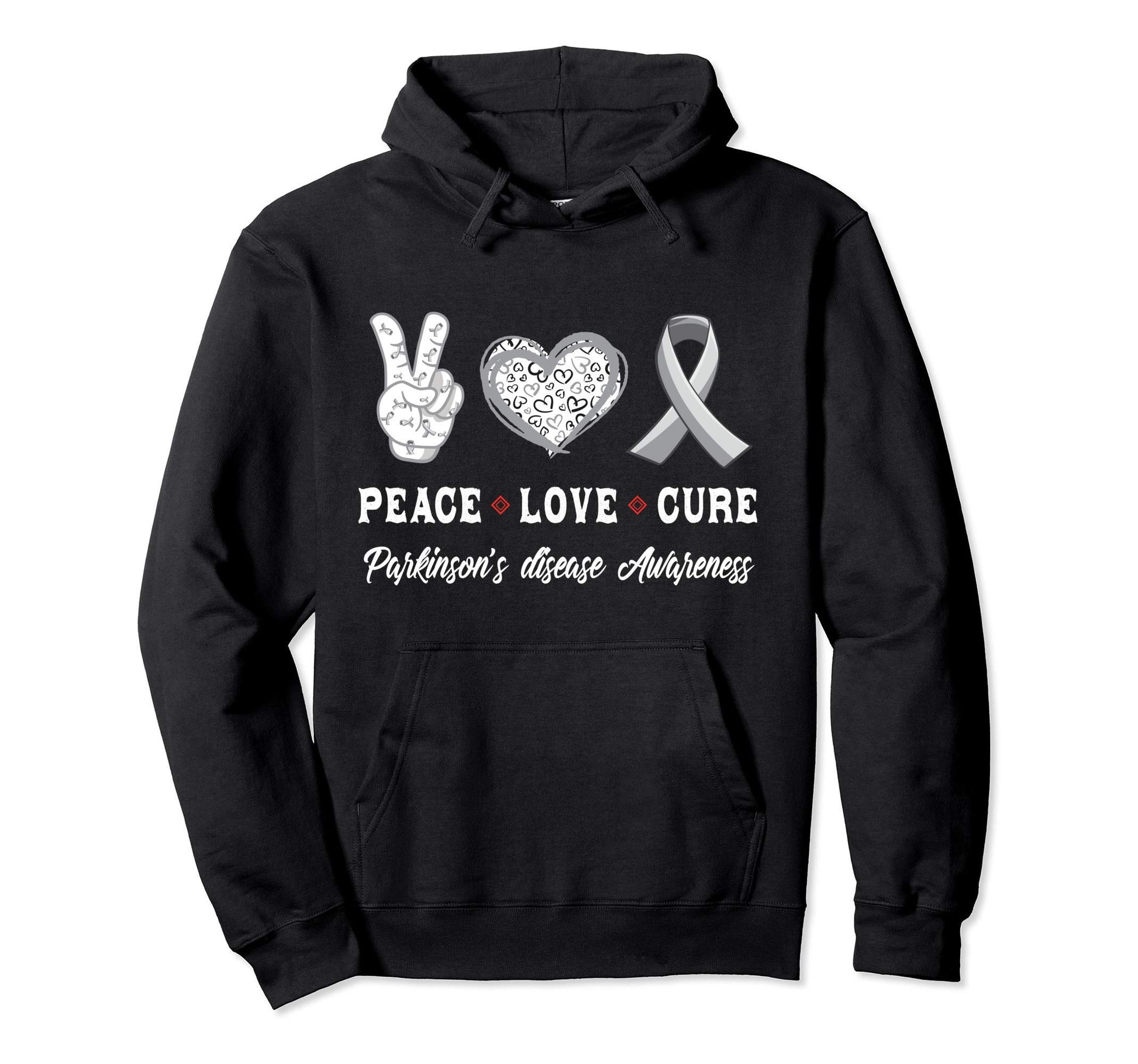 Peace Love Cure Parkinsons Disease Awareness Hoodie - Unique Graphic Unisex - T-Shirt, Sweatshirt, Hoodie