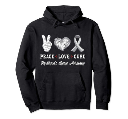 Peace Love Cure Parkinsons Disease Awareness Hoodie - Unique Graphic Unisex - T-Shirt, Sweatshirt, Hoodie