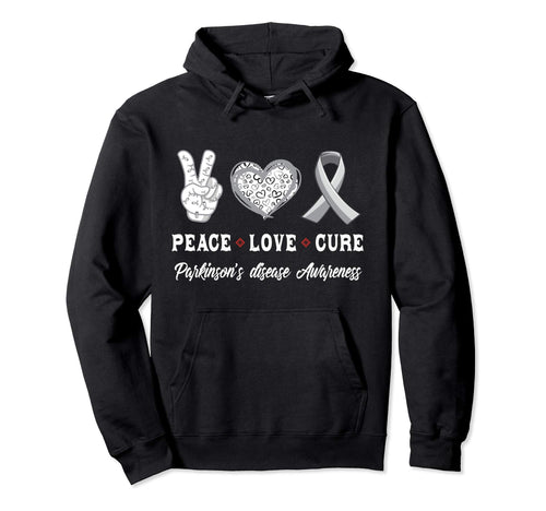 Peace Love Cure Parkinsons Disease Awareness Hoodie - Unique Graphic Unisex - T-Shirt, Sweatshirt, Hoodie