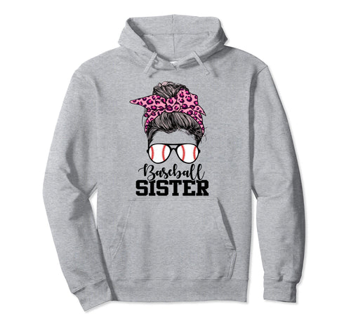 Baseball Sister Messy Bun Leopard Hoodie - Minimalist Print Men Women - T-Shirt, Sweatshirt, Hoodie