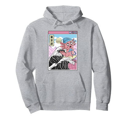 Gaming Axolotl Surfing Kanagawa Wave Hoodie - Graphic Print Men Women - T-Shirt, Sweatshirt, Hoodie