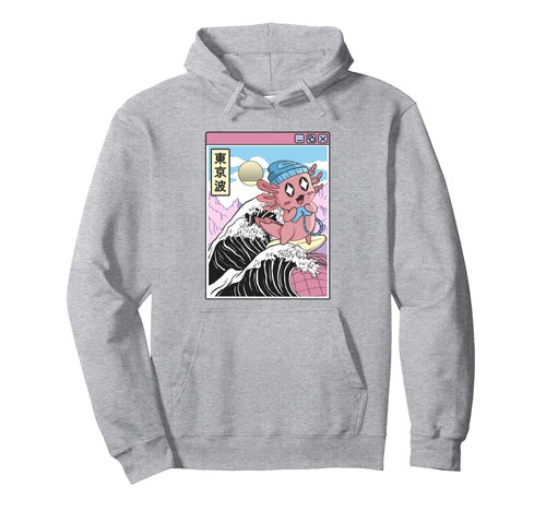 Gaming Axolotl Surfing Kanagawa Wave Hoodie - Graphic Print Men Women - T-Shirt, Sweatshirt, Hoodie