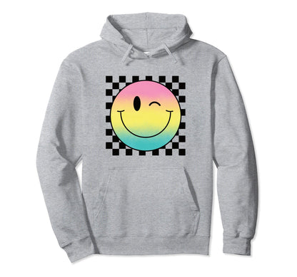 Rainbow Smile Face Checkered Smiling Hoodie - Aesthetic Graphic Men Women - T-Shirt, Sweatshirt, Hoodie