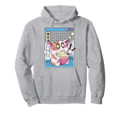 Happy Cat Eating Ramen Digital Otaku Hoodie - Trendy Graphic for Adults - T-Shirt, Sweatshirt, Hoodie