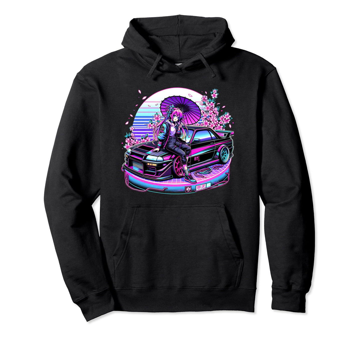 Vaporwave Jdm Car Sakura Aesthetic Hoodie - Fun Novelty Design for Adults - T-Shirt, Sweatshirt, Hoodie