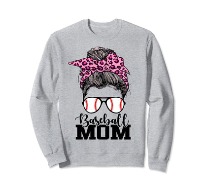 Baseball Mom Messy Bun Leopard Sweatshirt - Streetwear Style for Adults - T-Shirt, Sweatshirt, Hoodie