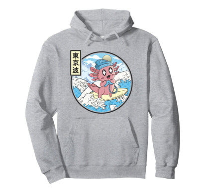 Gaming Axolotl Surfing Japanese Wave Kawaii Hoodie - Trendy Graphic Unisex - T-Shirt, Sweatshirt, Hoodie