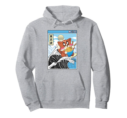 Fox Surfing Kanagawa Wave Kawaii Hoodie - Streetwear Style Men Women - T-Shirt, Sweatshirt, Hoodie