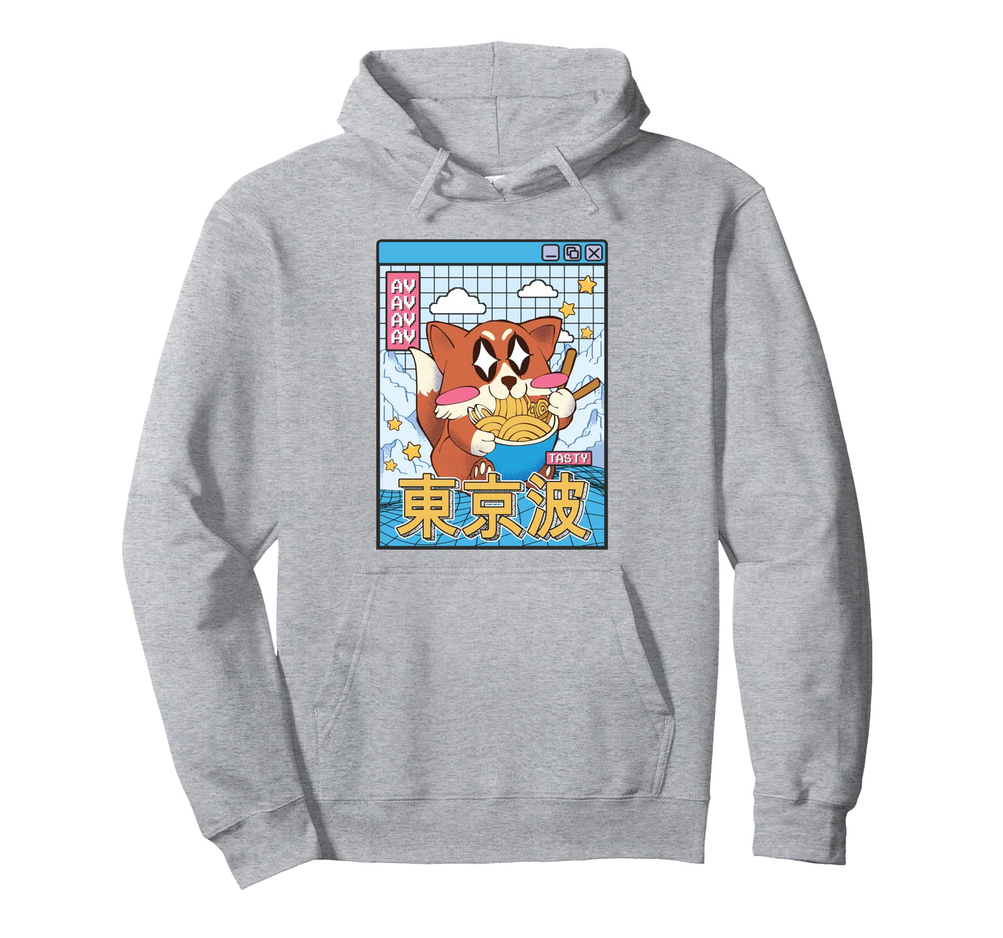 Happy Fox Eating Ramen Vaporwave Hoodie - Trendy Graphic for Adults - T-Shirt, Sweatshirt, Hoodie