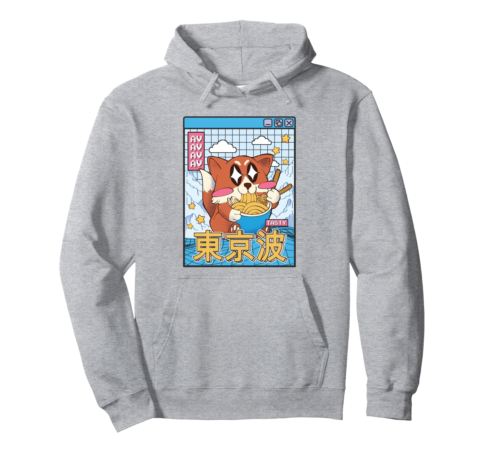 Happy Fox Eating Ramen Vaporwave Hoodie - Trendy Graphic for Adults - T-Shirt, Sweatshirt, Hoodie