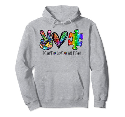 Funny Peace Love Autism Ribbon Hippie T-Shirt - Novelty Apparel Men Women - T-Shirt, Sweatshirt, Hoodie