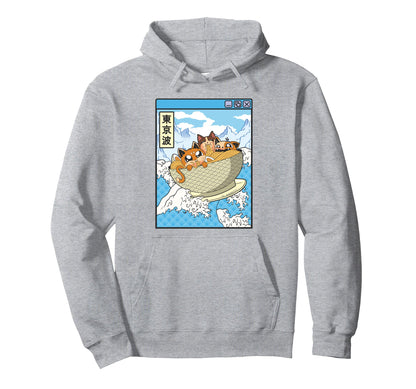 Surfing Cats Eating Ramen Bowl Hoodie - Casual Everyday Wear for Adults - T-Shirt, Sweatshirt, Hoodie