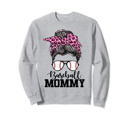 Baseball Mommy Messy Bun Sweatshirt - Fun Novelty Design for Adults - T-Shirt, Sweatshirt, Hoodie