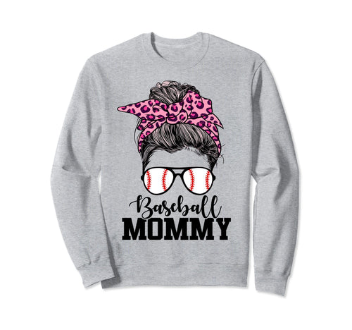 Baseball Mommy Messy Bun Sweatshirt - Fun Novelty Design for Adults - T-Shirt, Sweatshirt, Hoodie