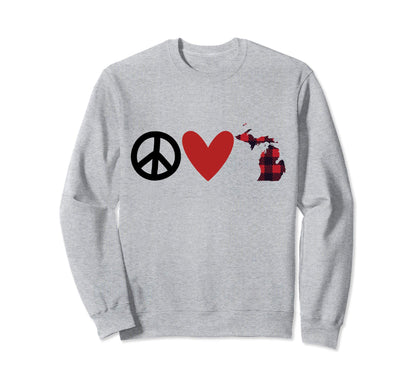 Buffalo Check Plaid Peace Love Michigan Sweatshirt - Trendy Graphic Unisex - T-Shirt, Sweatshirt, Hoodie