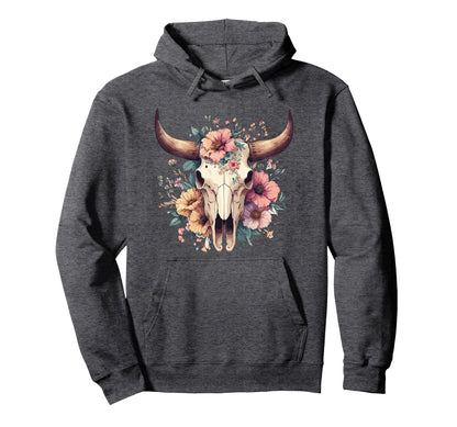 Boho Cow Bull Skull Flowers Wild West Hoodie - Minimalist Print Unisex - T-Shirt, Sweatshirt, Hoodie
