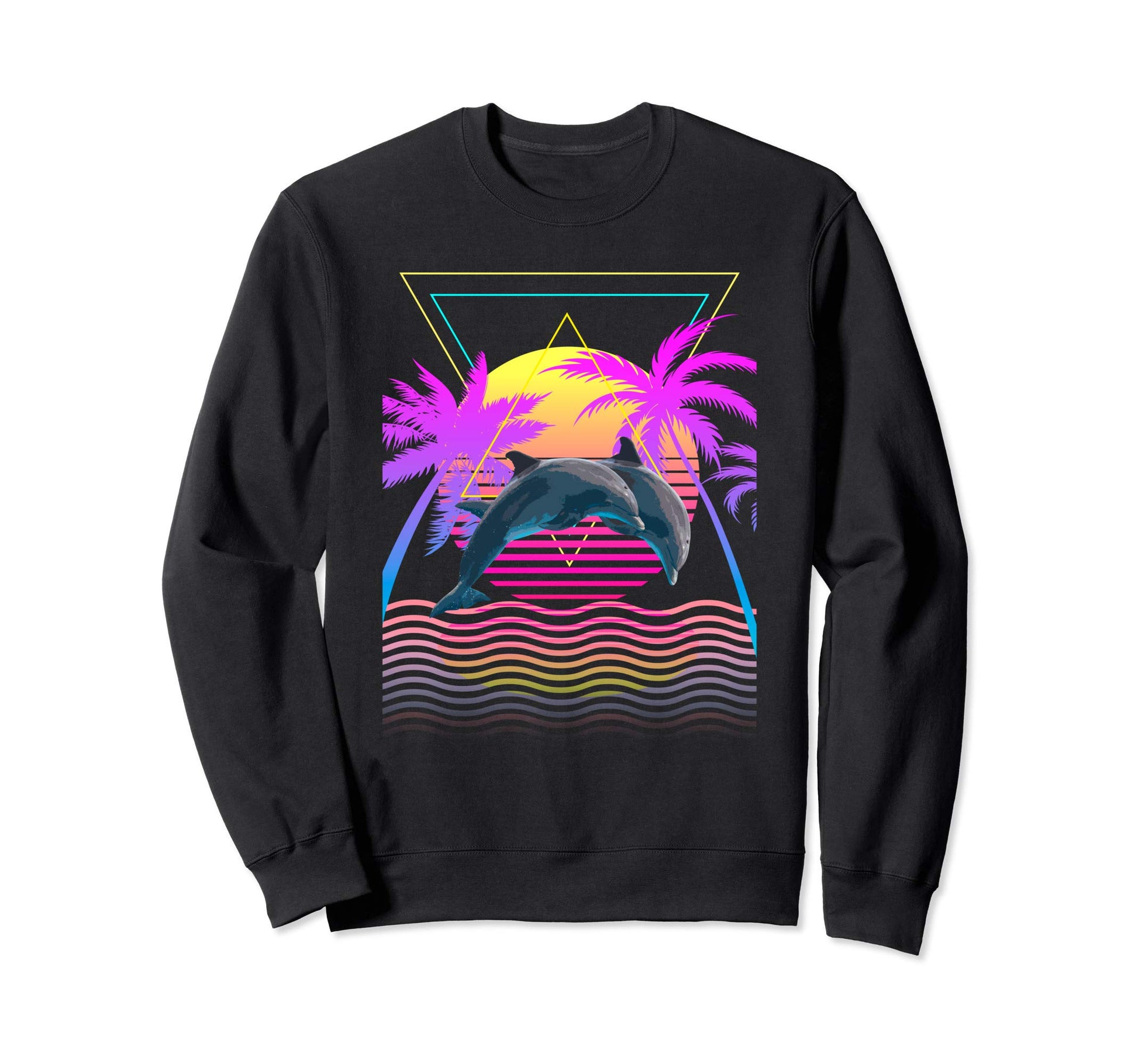 1980S 1990S Dolphins Palm Trees Sweatshirt - Streetwear Style Men Women - T-Shirt, Sweatshirt, Hoodie