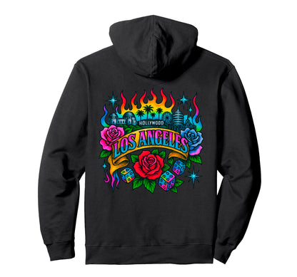 Los Angeles Tattoo Rainbow Skyline Floral Hoodie - Novelty Apparel Unisex - T-Shirt, Sweatshirt, Hoodie