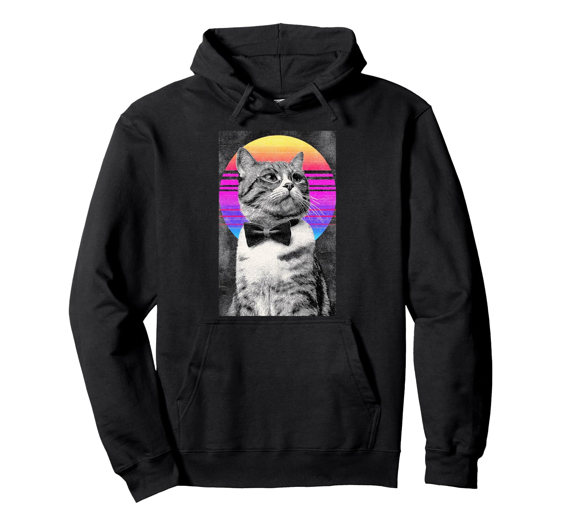 Funny Cat Bow Tie 80S Synthwave Hoodie - Novelty Apparel Unisex - T-Shirt, Sweatshirt, Hoodie