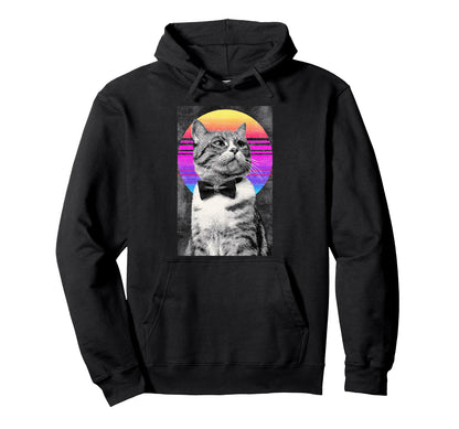 Funny Cat Bow Tie 80S Synthwave Hoodie - Novelty Apparel Unisex - T-Shirt, Sweatshirt, Hoodie