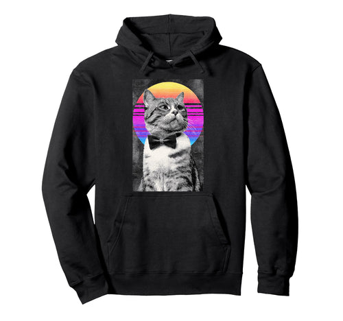 Funny Cat Bow Tie 80S Synthwave Hoodie - Novelty Apparel Unisex - T-Shirt, Sweatshirt, Hoodie