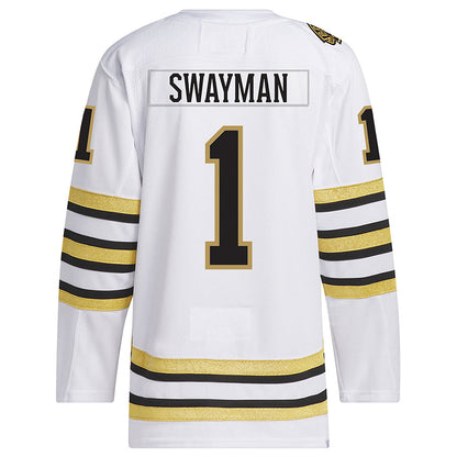 B.Bruins #1 Jeremy Swayman Player Supporters White Hockey Jerseys hockey jersey product view 1