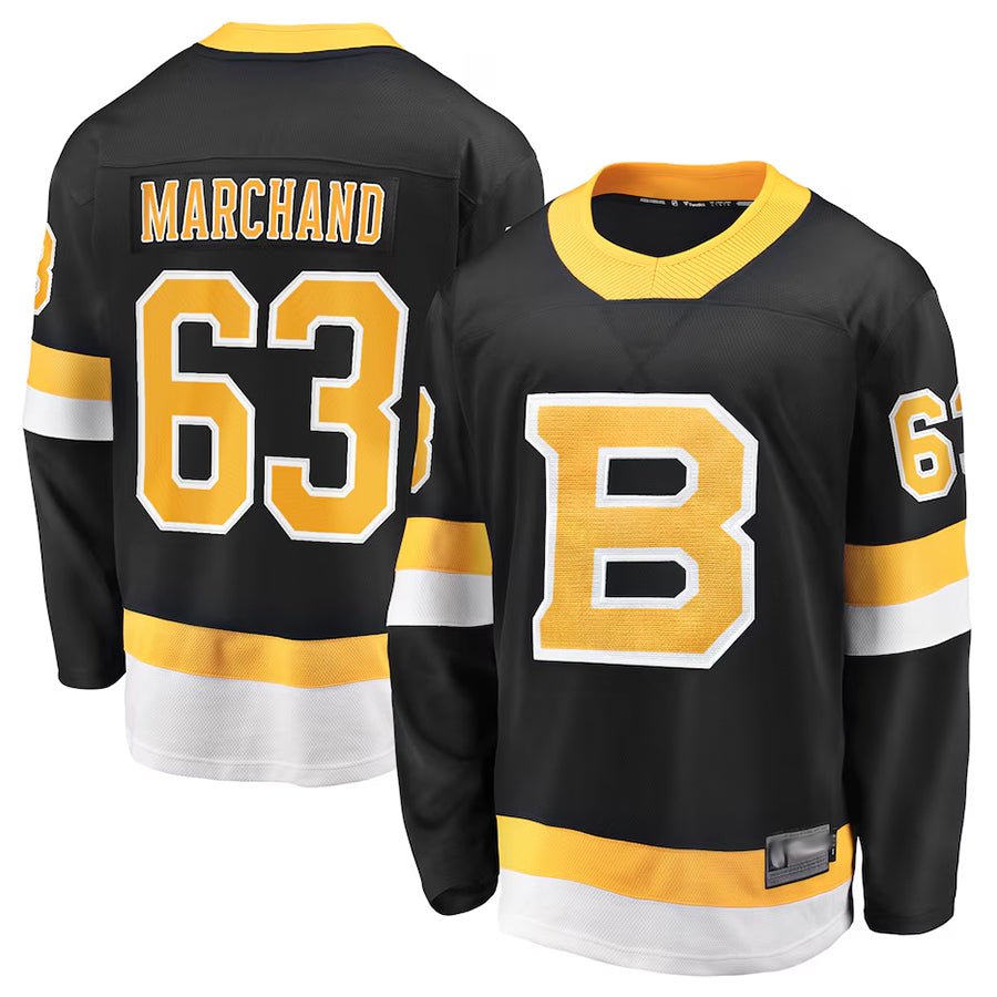 B.Bruins #63 Brad Marchand Player Supporters Black Premier Breakaway Hockey Jerseys hockey jersey product view 1