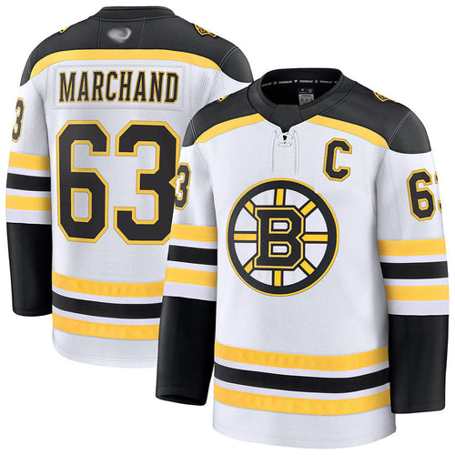B.Bruins #63 Brad Marchand Player Supporters Breakaway Premier White Hockey Jerseys hockey jersey product view 1