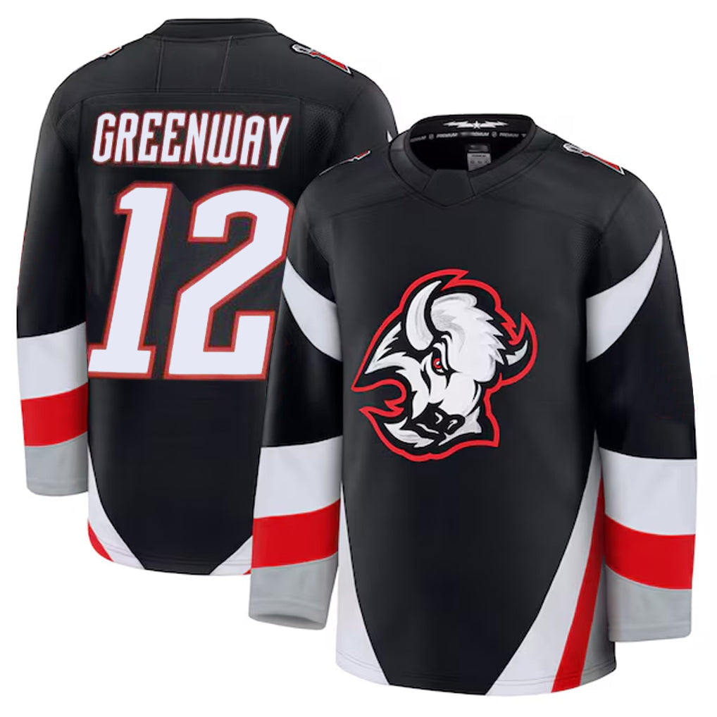 B.Sabres #12 Jordan Greenway Player Supporters Alternate Premium Black Hockey Jerseys hockey jersey product view 1