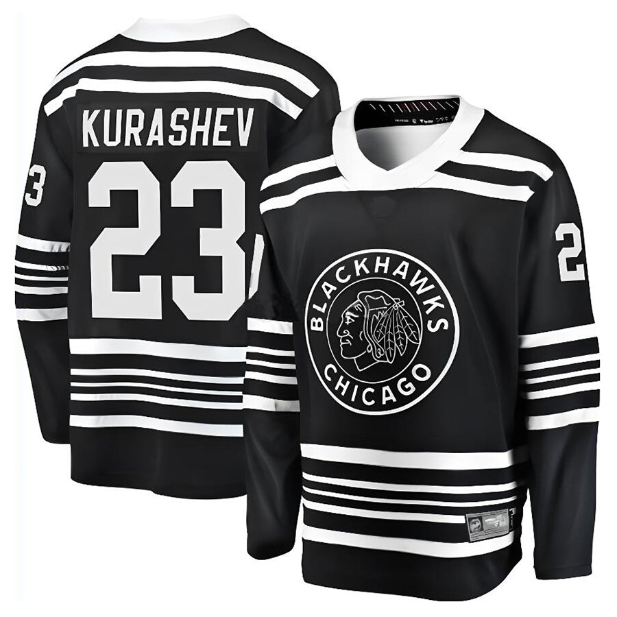 C.Blackhawks #23 Philipp Kurashev Player Supporters Classic Replica Black Hockey Jerseys hockey jersey product view 1