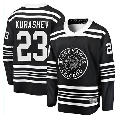 C.Blackhawks #23 Philipp Kurashev Player Supporters Classic Replica Black Hockey Jerseys hockey jersey product view 1