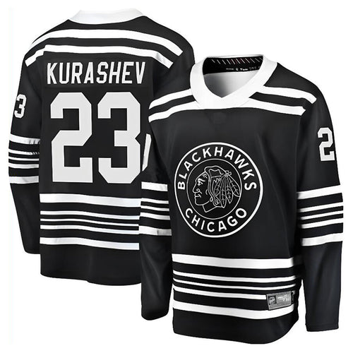 C.Blackhawks #23 Philipp Kurashev Player Supporters Classic Replica Black Hockey Jerseys hockey jersey product view 1