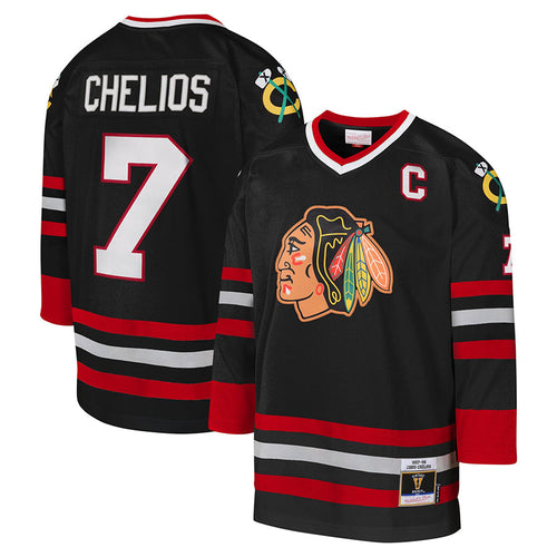 C.Blackhawks #7 Chris Chelios Player Mitchell & Ness 1997-98 Blue Line Black Hockey Jerseys hockey jersey product view 1