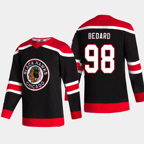 C.Blackhawks #98 Connor Bedard Player Supporters Reverse Retro Black Hockey Jerseys hockey jersey product view 1