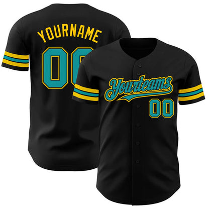 Custom Black Teal-Yellow Authentic Baseball Jersey baseball jersey product view 1