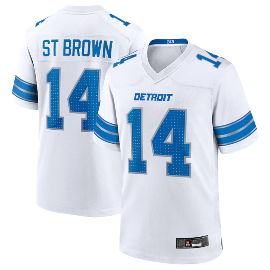 D.Lions #14 Amon-Ra St. Brown Player White Game Football Jerseys football jersey product view 1