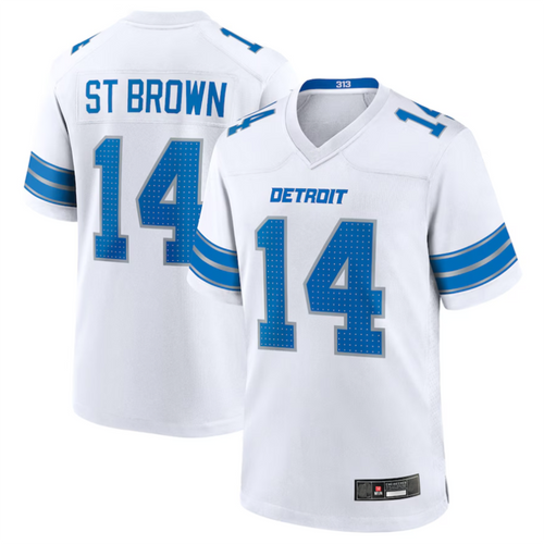 D.Lions #14 Amon-Ra St. Brown Player White Game Football Jerseys football jersey product view 1