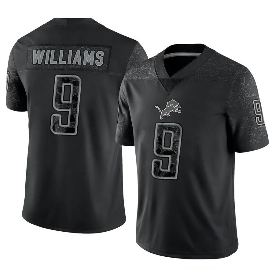 D.Lions #9 Jameson Williams Player Black REFLECTIVE Limited Football Jerseys football jersey product view 1