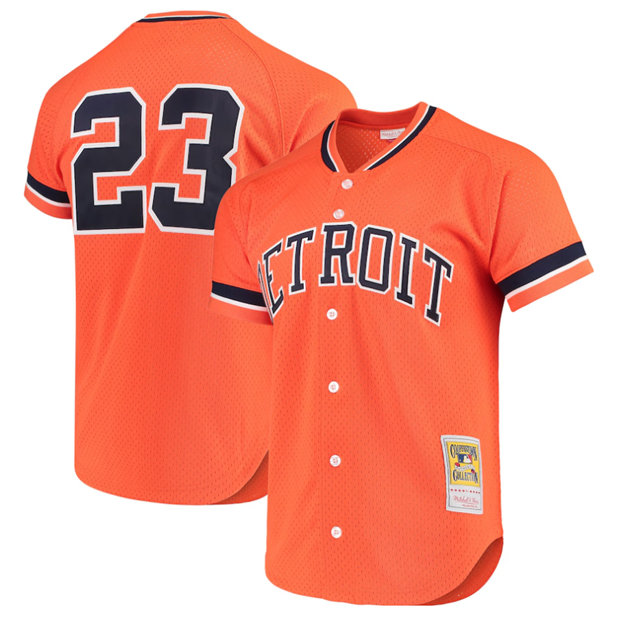 D.Tigers #23 Kirk Gibson Player Mitchell & Ness Orange Cooperstown Collection Mesh Batting Practice Button-Up Baseball Jerseys baseball jersey product view 1
