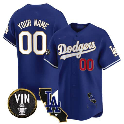 Custom LA.Dodgers Vin & California Patch Gold Trim Vapor Premier Limited Baseball Jerseys baseball jersey product view 1